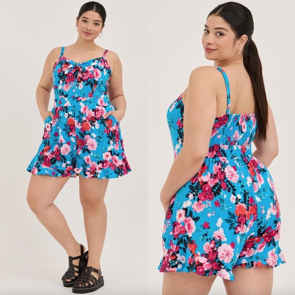 torrid Pants - torrid Challis Tie-Front Romper Jumpsuit Floral Blue Summer Beach, Plus Size 18